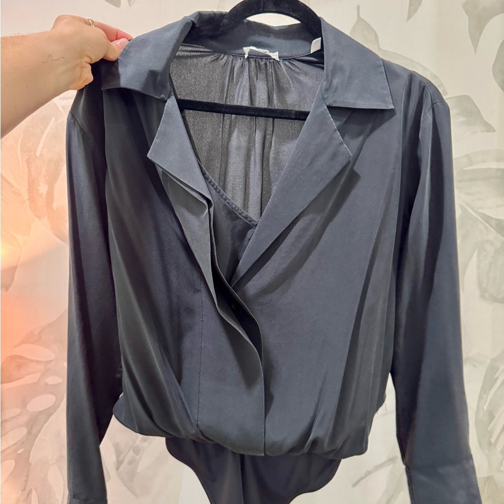 A.L.C. Black Silk Blouse Long-Sleeve Bodysuit